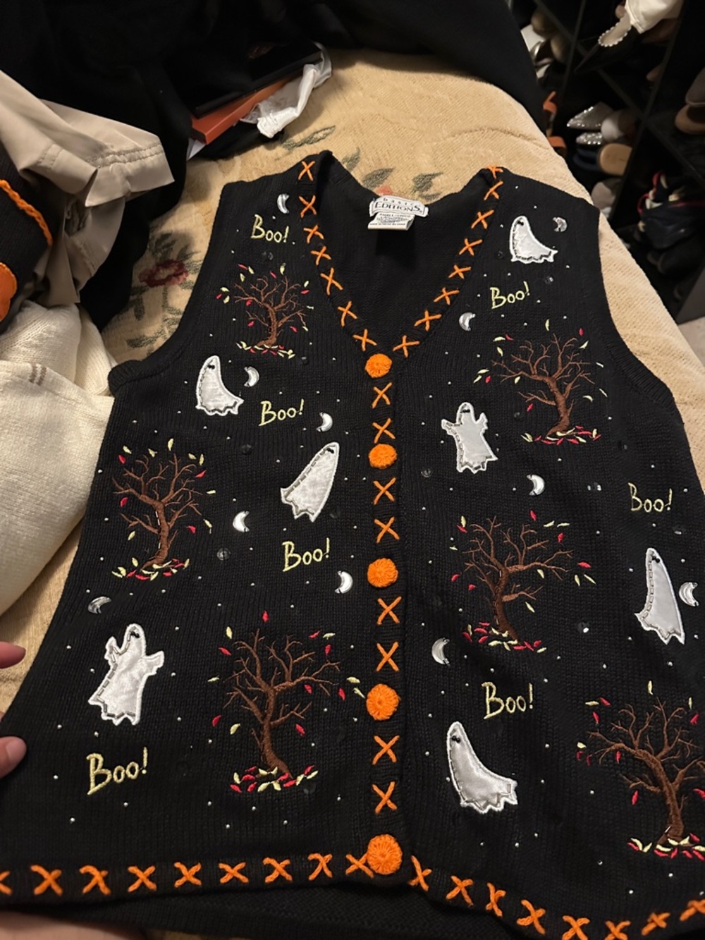 Basic Editions Black Halloween Ghost & Tree Kids Costume Vest with Orange Trim